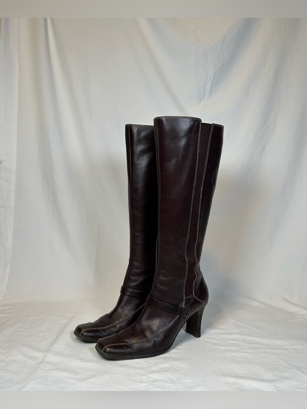 Vintage 90s Anne Klein Brown Leather Square Toe Knee High Zip Riding Boots~7~